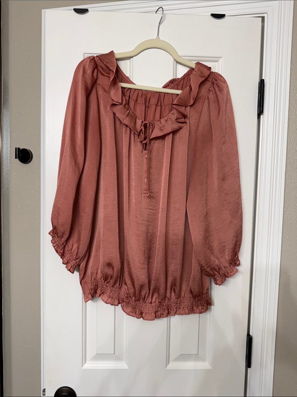 Ruffled Tie-Neck Blouse in Dusty Rose